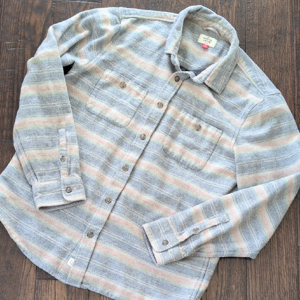 MARINE LAYER I Striped Vintage Style Cotton-Wool Blend Button Front Shirt, L - Picture 3 of 15